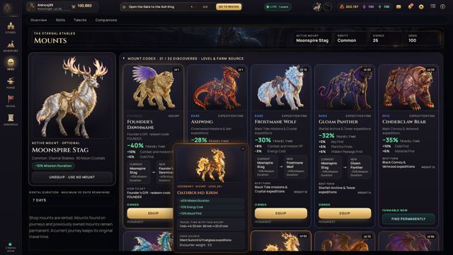VEYDRIS screenshot: Mount codex (40 mounts)